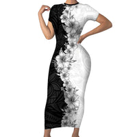 Hawaii Hibiscus Flowers Short Sleeve Bodycon Dress Grayscale Polynesian Pattern LT05 Long Dress Black - Polynesian Pride