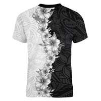 Hawaii Hibiscus Flowers Women V-Neck T-Shirt Grayscale Polynesian Pattern LT05 - Polynesian Pride