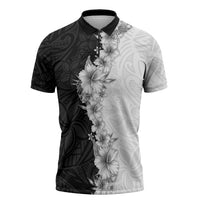 Hawaii Hibiscus Flowers Zipper Polo Shirt Grayscale Polynesian Pattern LT05 Black - Polynesian Pride
