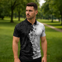 Hawaii Hibiscus Flowers Zipper Polo Shirt Grayscale Polynesian Pattern LT05 - Polynesian Pride