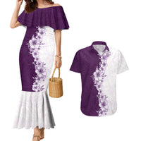 Hawaii Hibiscus Flowers Couples Matching Mermaid Dress and Hawaiian Shirt Purple Polynesian Pattern