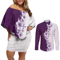 Hawaii Hibiscus Flowers Couples Matching Off Shoulder Short Dress and Long Sleeve Button Shirt Purple Polynesian Pattern LT05 Purple - Polynesian Pride