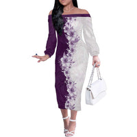 Hawaii Hibiscus Flowers Family Matching Off The Shoulder Long Sleeve Dress and Hawaiian Shirt Purple Polynesian Pattern