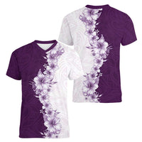 Hawaii Hibiscus Flowers Women V-Neck T-Shirt Purple Polynesian Pattern LT05 - Polynesian Pride