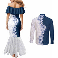 Hawaii Hibiscus Flowers Couples Matching Mermaid Dress and Long Sleeve Button Shirt Blue Polynesian Pattern LT05 - Polynesian Pride