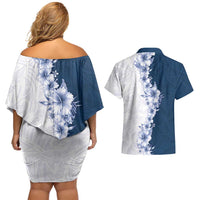 Hawaii Hibiscus Flowers Couples Matching Off Shoulder Short Dress and Hawaiian Shirt Blue Polynesian Pattern LT05 - Polynesian Pride