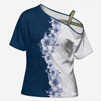 Hawaii Hibiscus Flowers Cross Shoulder Shirt Blue Polynesian Pattern LT05 Female Blue - Polynesian Pride