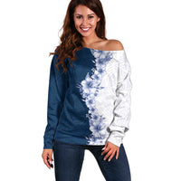 Hawaii Hibiscus Flowers Off Shoulder Sweater Blue Polynesian Pattern LT05 Women Blue - Polynesian Pride