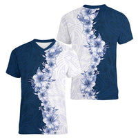 Hawaii Hibiscus Flowers Women V-Neck T-Shirt Blue Polynesian Pattern LT05 - Polynesian Pride