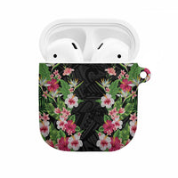 Hawaii Tropical Flowers AirPods Case Black Polynesian Tattoo Art