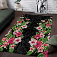 Hawaii Tropical Flowers Area Rug Black Polynesian Tattoo Art