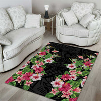 Hawaii Tropical Flowers Area Rug Black Polynesian Tattoo Art