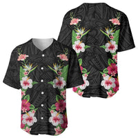 Hawaii Tropical Flowers Baseball Jersey Black Polynesian Tattoo Art LT05 - Polynesian Pride