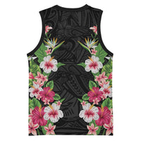 Hawaii Tropical Flowers Basketball Jersey Black Polynesian Tattoo Art LT05 - Polynesian Pride