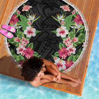 Hawaii Tropical Flowers Beach Blanket Black Polynesian Tattoo Art LT05 - Polynesian Pride