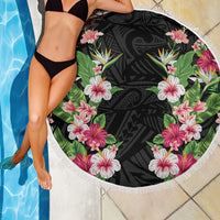 Hawaii Tropical Flowers Beach Blanket Black Polynesian Tattoo Art LT05 - Polynesian Pride