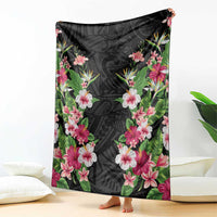 Hawaii Tropical Flowers Blanket Black Polynesian Tattoo Art LT05 - Polynesian Pride