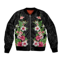 Hawaii Tropical Flowers Bomber Jacket Black Polynesian Tattoo Art LT05 Unisex Black - Polynesian Pride