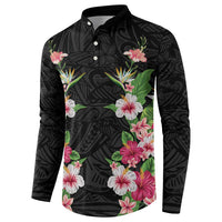 Hawaii Tropical Flowers Button Sweatshirt Black Polynesian Tattoo Art LT05 - Polynesian Pride