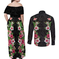 Hawaii Tropical Flowers Couples Matching Off Shoulder Maxi Dress and Long Sleeve Button Shirt Black Polynesian Tattoo Art LT05 - Polynesian Pride