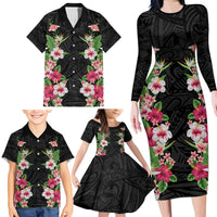 Hawaii Tropical Flowers Family Matching Long Sleeve Bodycon Dress and Hawaiian Shirt Black Polynesian Tattoo Art