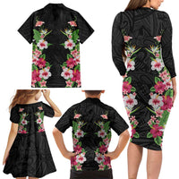 Hawaii Tropical Flowers Family Matching Long Sleeve Bodycon Dress and Hawaiian Shirt Black Polynesian Tattoo Art