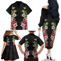 Hawaii Tropical Flowers Family Matching Off The Shoulder Long Sleeve Dress and Hawaiian Shirt Black Polynesian Tattoo Art