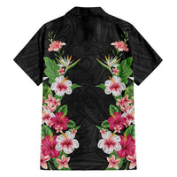 Hawaii Tropical Flowers Family Matching Off Shoulder Maxi Dress and Hawaiian Shirt Black Polynesian Tattoo Art
