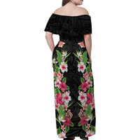 Hawaii Tropical Flowers Family Matching Off Shoulder Maxi Dress and Hawaiian Shirt Black Polynesian Tattoo Art
