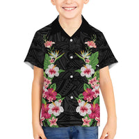 Hawaii Tropical Flowers Family Matching Off Shoulder Maxi Dress and Hawaiian Shirt Black Polynesian Tattoo Art