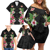 Hawaii Tropical Flowers Family Matching Off Shoulder Short Dress and Hawaiian Shirt Black Polynesian Tattoo Art