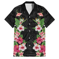 Hawaii Tropical Flowers Family Matching Off Shoulder Short Dress and Hawaiian Shirt Black Polynesian Tattoo Art