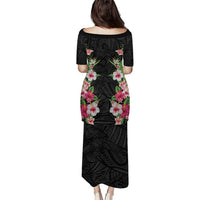 Hawaii Tropical Flowers Family Matching Puletasi and Hawaiian Shirt Black Polynesian Tattoo Art