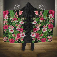 Hawaii Tropical Flowers Hooded Blanket Black Polynesian Tattoo Art LT05 - Polynesian Pride