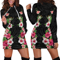 Hawaii Tropical Flowers Hoodie Dress Black Polynesian Tattoo Art LT05 - Polynesian Pride