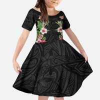 Hawaii Tropical Flowers Kid Short Sleeve Dress Black Polynesian Tattoo Art LT05 KID Black - Polynesian Pride