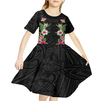 Hawaii Tropical Flowers Kid Short Sleeve Dress Black Polynesian Tattoo Art LT05 - Polynesian Pride