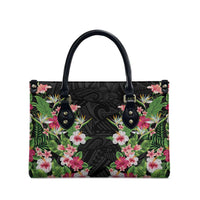 Hawaii Tropical Flowers Leather Bag Black Polynesian Tattoo Art LT05 - Polynesian Pride