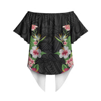 Hawaii Tropical Flowers Off Shoulder Wrap Waist Top Black Polynesian Tattoo Art LT05 - Polynesian Pride