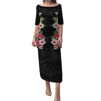 Hawaii Tropical Flowers Puletasi Black Polynesian Tattoo Art LT05 Long Dress Black - Polynesian Pride