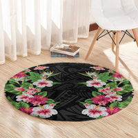 Hawaii Tropical Flowers Round Carpet Black Polynesian Tattoo Art LT05 - Polynesian Pride