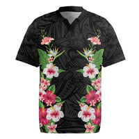 Hawaii Tropical Flowers Rugby Jersey Black Polynesian Tattoo Art LT05 Black - Polynesian Pride