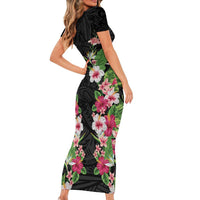 Hawaii Tropical Flowers Short Sleeve Bodycon Dress Black Polynesian Tattoo Art LT05 - Polynesian Pride