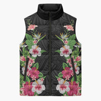 Hawaii Tropical Flowers Sleeveless Puffer Jacket Black Polynesian Tattoo Art LT05 Unisex Black - Polynesian Pride