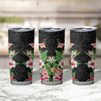 Hawaii Tropical Flowers Tumbler Cup Black Polynesian Tattoo Art LT05 - Polynesian Pride