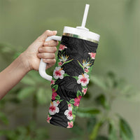 Hawaii Tropical Flowers Tumbler With Handle Black Polynesian Tattoo Art LT05 - Polynesian Pride