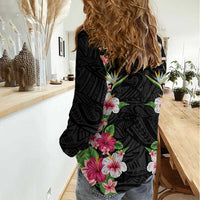 Hawaii Tropical Flowers Women Casual Shirt Black Polynesian Tattoo Art LT05 - Polynesian Pride