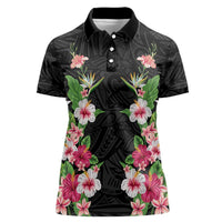 Hawaii Tropical Flowers Women Polo Shirt Black Polynesian Tattoo Art LT05 Female Black - Polynesian Pride