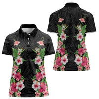 Hawaii Tropical Flowers Women Polo Shirt Black Polynesian Tattoo Art LT05 - Polynesian Pride