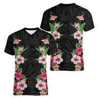 Hawaii Tropical Flowers Women V-Neck T-Shirt Black Polynesian Tattoo Art LT05 - Polynesian Pride